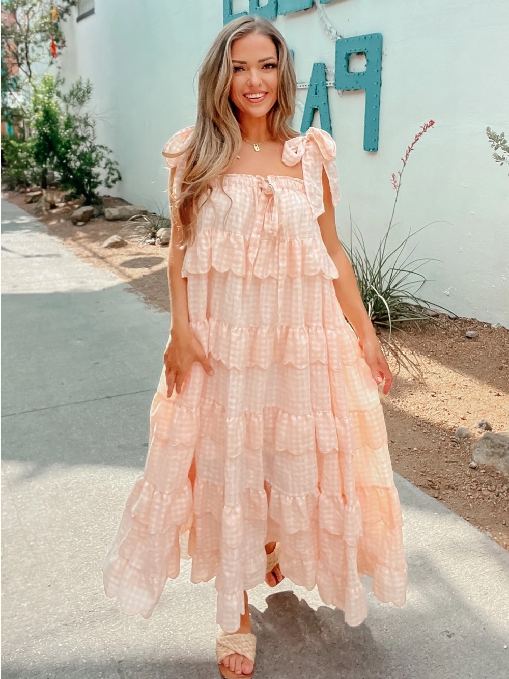 Mable Boutique Pink Gingham Tiered Ruffle Scalloped Maxi Dress Sz M/L